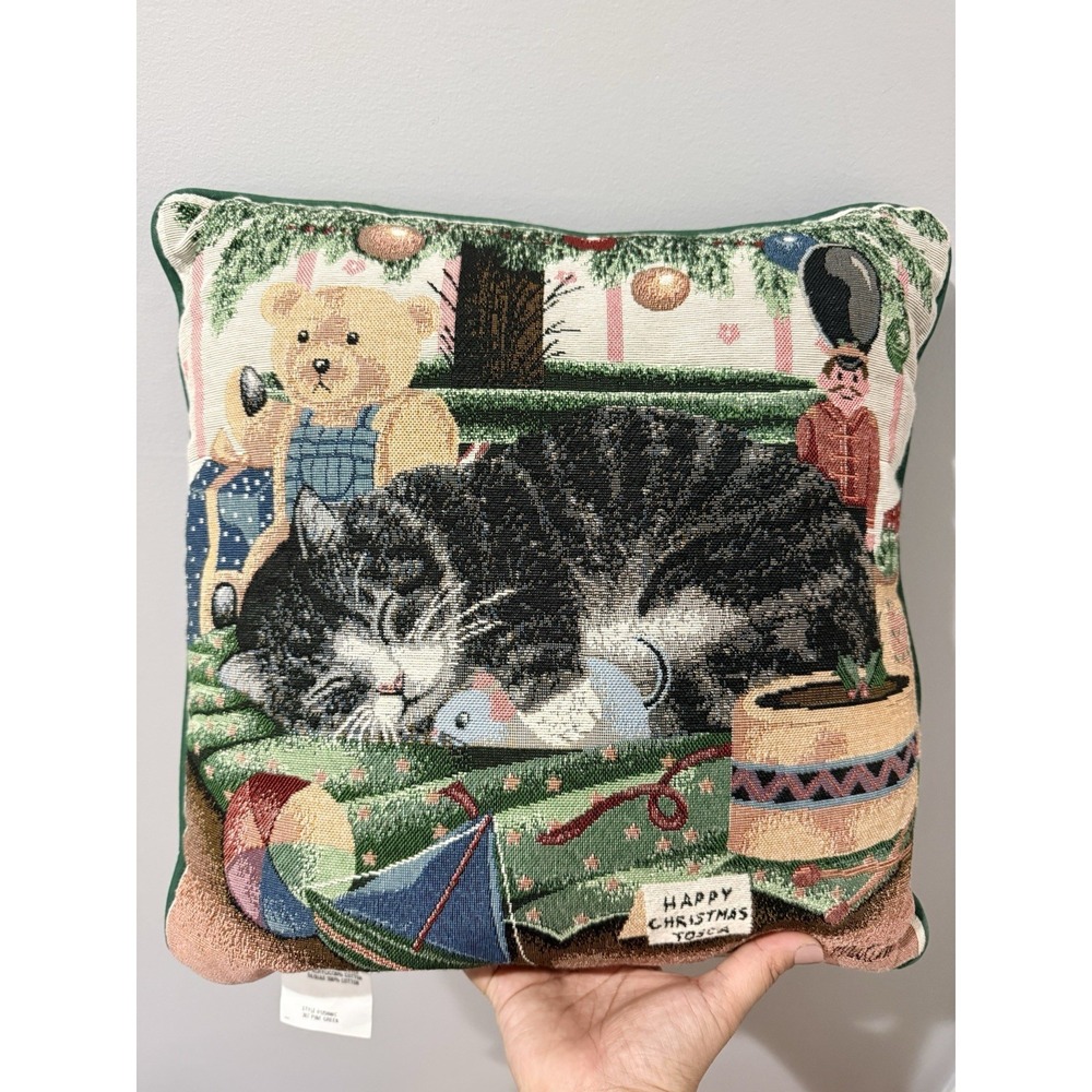 Vintage 16" Tapestry Pillow  Anne Mortimer Woven Blk & Wht‎ Tux Cat Christmas